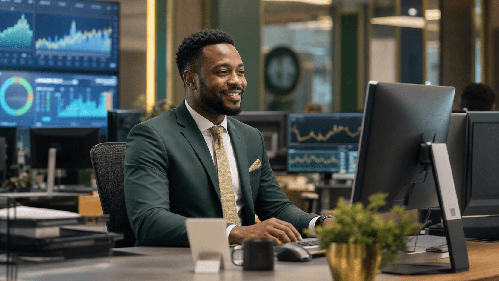 MONAD BANK operations specialist working confidently at a secure banking workstation